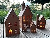 LB H&F 5er Set Häuser Gartendeko Lichthäuser AUFSTELLER Haus Dekoration Dekofigur Herbst Winter Metall Rost (Lichthaus)