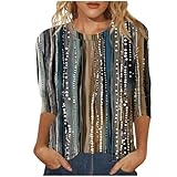 Generico Blitzo Damen T-Shirt 3/4 Ärmel Sommer Bluse Rundhalsausschnitt Leichte Bedruckte Kleidung Lässige Vintage Loose Blusen Curvy T Shirt Damen Signature Einfarbig Basic, 03#khaki, Medium