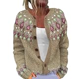 Damen-Strickjacke, Boho-Stil, vorne offen, niedlicher Blumendruck, Pullover, Rundhalsausschnitt, Button-Down, trendiger Herbst-Top-Mantel, 1G-Khaki, XXL
