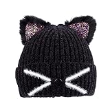 ACTLATI Kinder-Wintermütze, Strickmütze, bunte Pompon-Ohren, Skimütze für Jungen und Mädchen (Alter 7–12 Jahre), Katzenohren schwarz, 7-12 Years