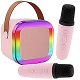 KRUMAD Bluetooth Lautsprecher mit 2 Mikrofon für Kinder, Karaoke Maschine, Spielzeug ab 3 Jahre, Musikbox mit LED Lichtern, Partybox Geschenk für Mädchen, Kabelloses Karaoke Mikrofon