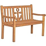 MR. DEKO® Gartenbank Teakholz 2-Sitzer I wetterfeste Holzbank mit Lehne I Massive Friesenbank für draußen I für Garten Balkon Terrasse I robuste Teakholzbank mit Motiv Anker I Balkonmöbel Holz