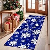 FRAMICS Weihnachtlicher Schneeflocken-Läufer, 5 x 15 cm, blau, waschbar, Läufer für Flur, rutschfest, weiche Kunstwolle, Winter-Küchenläufer, Teppiche, niedriger Flor, Weihnachtsschnee-Bereich für