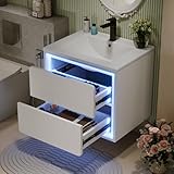 YAIXBNG 60x46x50cm Wandhängend Badezimmerschränke, Volllackierung, LED-Radarsensor-Beleuchtung, Zwei Schubladen, leise Gleitschienen, Waschtisch,integriertes Waschbecken, weiß