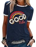 WIEIYM T Shirt Damen Kurzarm Good Vibes Tshirts Rundhals Sommer Tee Shirts Lässig Regenbogen Oberteil Tops(Marine,XXL)