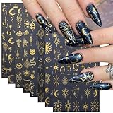 WOOXDYUK 8 Stück metallische silberne Sterne Nagelaufkleber, 3D Sonnenstern Nagelaufkleber, holografische Sonnensterne, Mond, Sternenlicht, DIY Dekorationen (Gold)