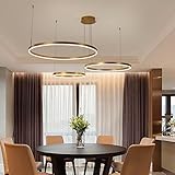 Moderne Ring-Pendelleuchte, verstellbarer Kronleuchter, dimmbar, mit Fernbedienung, moderne Deckenleuchte für Esstisch, Gold, 3-Ring-Design, 40 + 60 + 80 cm Höhe