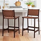 LUE BONA Barhocker mit Thekenhöhe, 61 cm, 2 Stück, Kunstleder, gewebter Thekenhocker mit Rückenlehnen, gewebte Streifen, Rattan-Barhocker mit Holzbeinen, für Esszimmer, Zuhause, Küche,