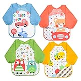 Vicloon Baby Lätzchen mit Lange Ärmeln, 4 Stück Wasserdicht Lätzchen, Ärmellätzchen Abwaschbar, Unisex lätzchen für Malen Play Essen Kunst Handwerk Malerei, 4 Muster, Passend für 6-36 Monate Kinder