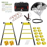 Agility-Leiter, Geschwindigkeitstrainingsausrüstungs-Set, 6 x 6 m, 12 Fußballkegel, 4 Hürden, Springseil, Fallschirm, Basketball, Fußball, Trainingsgerät für Kinder, Jugendliche, Erwachsene