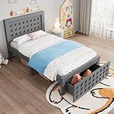 ZIDEY Holzbett Einzelbett 90x200 cm mit Lattenrost und Schubladen, Kinderbett mit Kopfteil, Jugendbett, Massivholz Bettgestell, Grau, Ohne Matratze
