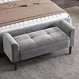 Merax Polsterbank Truhenbank Bettbank Sitzbank Schlafzimmer mit Armlehne am Bettende, Betthocker & Sitzbank mit Steppmuster – Samtbank Grau,für Schlafzimmer, Esszimmer & Klavierbank