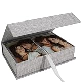 Hiwhy Foto Aufbewahrungsbox 20x25 cm, Leinen Fotobox, Erinnerungsbox zur Aufbewahrung von Fotos, Bildern, Urkunden, Scrapbooking Zubehör, Andenken und Schmuck Grau