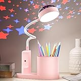 TechKen Schreibtischlampe Kinder, LED Nachttischlampe Tischlampe Dimmbar Helligkeitsstufen Wiederaufladbare Deraufladbare Lampe Schwanenhals Tischlampe Studienlampe mit Stifthalter Stern Projektion