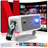 4K Beamer [Netflix Offiziell/Autofokus/360° Drehbarer Stand] Video Beamer mit WiFi und Bluetooth 1080P Nativ, One-Click Use Netflix/YouTube/PrimeVideo/D+, Smart Home Outdoor Projektor