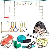 Ninja Slackline Backyard Hindernisparcours 15m – Das vollständigste Hängende Klettergerüst-Set für Kinder mit Leiter, Seil und Schaukel - Tragbares Trainingsgerät Geschenkset für Kinder