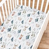 Babybettlaken im Boho-Stil, Waldtiere, Bäume, für Jungen und Mädchen, 132,1 x 71,1 cm, niedlicher Bär, Fuchs, Hirsch, Eichhörnchen, Blätter, Wald, Babygeschenk, Baby-Bettlaken für Standard-Kinderbett-