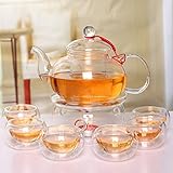 Beddingleer Teekanne aus Glas 600 mL Teebereiter + 6 Tea Tassen + Wärmer mit Glasfilter und Glasdeckel aus hochwertigem Borsilikatglas (Wasserkocher Set)