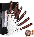 imarku Steakmesser 6-teilig（12.5 cm） Set aus deutsche Edelstahl mit Pakka-Holzgriff, Scharfe Gezahnte Pizzamesser, Tafelmesser, Steak Knife, Ergonomische Form mit Geschenkbox—Vatertagsgeschenk