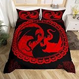 Western Dragon Bettdecke Abdeckung m Größe, rote schwarze Wildtier Silhouette Polyester umkehrbare Bettwäsche Set (nicht Troster), Tribal Retro exotische Druck Set, Reißverschluss, Krawatten