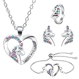 OSDUE Einhorn Schmuckset Mädchen, Einhorn Kinderschmuck Enthalten Halskette, Ringe, Armbänder, Ohrring, Schmuck Set Einhorn für Party Dress Up Geschenk (5 Stück)