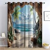 TZKRWRH ZRH Strand Ozean Vorhänge Bedruckt, Blick auf die Strand höhle Verdunkelungsvorhänge Küsten Fensterbehandlungen für Kinder Teenager Erwachsene - Custom Pattern & Size (Ösen)