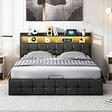 SHAODENG Polsterbett Doppelbett 140x200, LED Jugendbett Funktionsbett mit USB Ladefunktion, Bettgestell mit Hydraulischem Stauraum und Lattenrost aus Holz, PU, Ohne Matratze, Schwarz