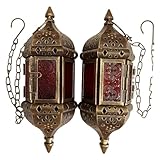 BWRMHME Marokkanische dekorative Kerzenlaterne, Metall, zum Aufhängen, Teelichthalter, Glas, für drinnen und draußen, LED-Kerzenhalter, flammenlos, 35,1 cm Kette (Vintage-Stil, Bronze-Gold)