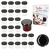 MamboCat 25er Set Sturzglas 125 ml mit Schraub-Deckel Schwarz I Einmachgläser + to 66 Deckel mit Diamant-Zucker-Rezept I Vorratsgläser konservieren & sterilisieren