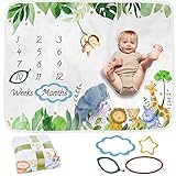 Baby-Meilenstein-Decke | Monatliche Fotomatte für Neugeborene Jungen oder Mädchen, Unisex | Safari-Thema | Personalisiertes Babyparty-Geschenk für neue Mütter | Altersmatte | inkl. farbigen Rahmen