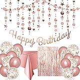 Rosegold Geburtstag Party Deko - Happy Birthday Girlande,Glitter Sterne und Kreise Girlande,Konfetti Ballons,Rosegold Latex Luftballon,Tischdecke,Glitzer Vorhang für Mädchen Geburtstagsdeko für Frauen