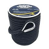 Sea Rock Marine 100’ x 3/8” Double Braid Nylon Anchor Rope with 316SS Thimble - Anchor Line for Boats, Quality Boat Rope, Marine Rope, Boat Accessories - Black