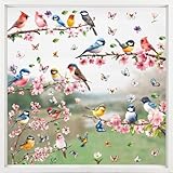 9 Blatt Fensterbilder Frühling Vögel Blumen Schmetterling, Fensterbilder Selbstklebend Fenstersticker Fensterfolie Kinderzimmer für Fensterdeko Frühlingsdeko