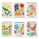 6Pcs FLOWER MARKET Poster Set - Stilvolles Blumen Kunstdrucke A4 Moderne Wandbilder Vintage Wanddeko Ohne Rahmen - Premium Poster für Wohnzimmer, Schlafzimmer, Esszimmer