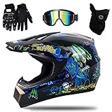 UIGJIOG Motocross Helm mit Brillen Maske Handschuhe, Herren Damen Motorrad-Helm Off-Road Downhill-Enduro-Helm-ATV-MTB-BMX Dirt Bikes Quad Motorräder Full-Face Schutz-Helm,J,L(56~57cm)