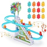 CEWROM Elektrische Ente Treppensteigen Spielzeug, 12 Stück Elektrisches Entenklettern auf Treppenbahnen und Rutschen-Set, Pädagogisches Spielzeug mit Musik EIN-/Ausschalter (Dinosaurier)
