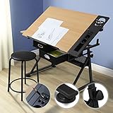 MIADOMODO® Zeichentisch mit Hocker - Tischplatte stufenlos neigbar, 2 Schubladen/Arbeitsflächen, Holzoptik Schwarz - Schreibtisch, Bürotisch, Arbeitstisch, Architektentisch für Architekten/Architekten