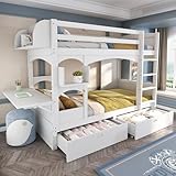 FEZTOY Kinderbett Etagenbett 90x200 mit und Regal, mit Leiter und 2 Schubladen, Hochbett für 2 Kinder, Jugendbet, Stockbett, Massivholz, ohne Matratze