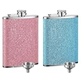 Flachmann, 4er Set Flachmänner mit pinkem Glitzer und Trichter, Schnapsgläser zum Umhängen, Edelstahl Flachmann 500 ml, ideal für unterwegs