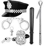 patinadrift 6 Stück Polizei Kostüm Zubehör,Kostüm Zubehör Set mit Polizei Handschellen Polizeimütze Polizeimarke Taktstock und Binden für Cosplay Mottoparty