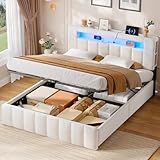 AOGLLATI Polsterbett 140x200 mit Stauraum,Hydraulisches Bett mit LED-Bleuchtung und Ladestation Jugendbett Doppelbett Bettgestell mit Kopfteil aus Samt-Ohne Matratze (Beige Samt, 140x200cm)
