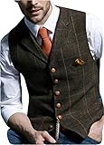 Aesido Herren Weste Anzugweste Slim Fit Kariert Wolle Tweed Weste Kragenweste Westen Smoking Frack Business Hochzeit(Kaffee,l)