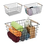 Relaxdays Drahtkorb, 3er Set, Metall, Holzgriffe, HBT: 16 x 31 x 21 cm, eckiger Aufbewahrungskorb, Bad & Küche, schwarz