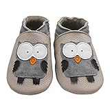 Bemesu Lederpuschen Baby Krabbelschuhe Hausschuhe Mädchen und Junge Kinder Lauflernschuhe aus echtem Leder (Beige, Eule aus Wildleder, EU 23-24)