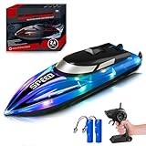RoserRose Ferngesteuertes Boot, RC Boot mit LED-Beleuchtung – 2.4G Fernsteuerung, Doppelmotor, Wasserdicht & Umkippschutz – Motorboot Ferngesteuert Kinder Inkl, 2 Akkus für Meere, Pools und Seen