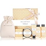 SPA LUXETIQUE Bade Geschenket für Frauen - Pflegeset Vanilleduft mit 6 tlg. in Reisegröße Duschgel, Bodylotion, Schaumbad, Handcreme, Leinentasche mit Kordelzug, Bade Reise Set zum Weihnachtsgeschenke