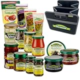 Feinkost Dittmann Gourmet-Set mit Stoffkorb – 15 Delikatessen und faltbarer Einkaufskorb – Oliven, Antipasti, Tapenade, Ajvar, Kapern & mehr