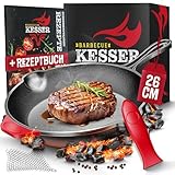 KESSER® Gusseisenpfanne rund 26cm | Gusseisen Bratpfanne Induktion | Cast Iron Pan für Gasgrill, Backofen, Kohlegrill | Steakpfanne voreingebrannt | Inkl. Schutzgriffe, Rezeptbuch und Ringreiniger