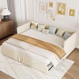 KeepGoon Ausziehbares Schlafsofa, Polsterbett 90/180x200cm,Doppelbett,Einzelbett,Bett mit Lattenrosten, Funktionsbett,Tagesbett,hautfreundlichem Samtstoff,Ohne Matratze(Beige)