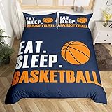 Feelyou Basketball-Bettwäsche-Set, 3D-Ball, Sport-Bettwäsche-Set für Jungen, Mädchen, Damen, Herren, blau, Eat Sleep Basketball, Bettbezug-Set, Ball, Spielzimmer, Dekoration, Doppelbettgröße,